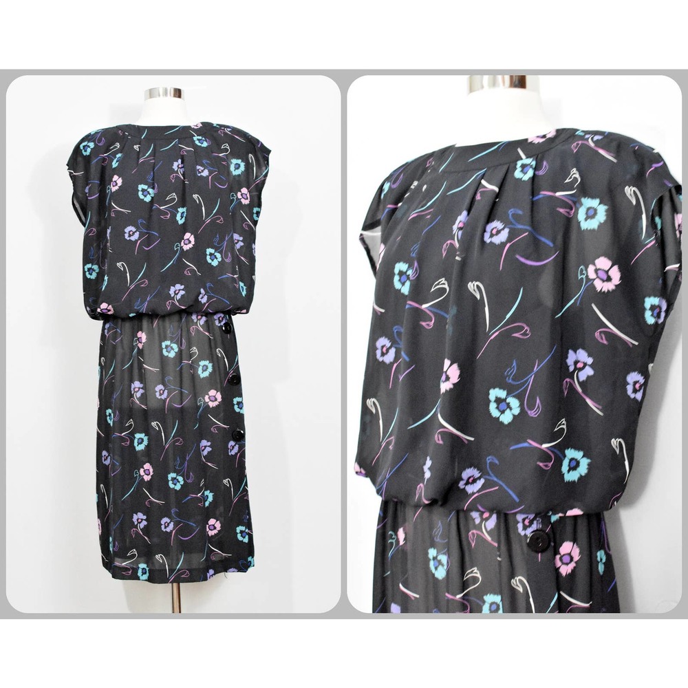 Virgo II Chiffon Black/Floral 80s Dress